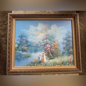 Framed Oil Painting of 2 Girls by the Lake